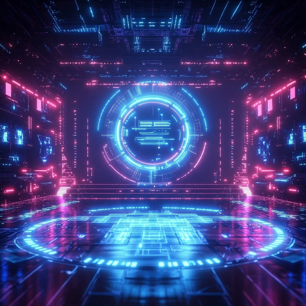 Een dramatische illustratie van een groot Meta-logo in het midden van een digitale arena. Omringd door symbolen van regelgeving en controle, zoals een weegschaal en vergrootglazen. De achtergrond is donker en dreigend, met hints van rode en blauwe lichten die een gevoel van urgentie en toezicht geven. Het kunstwerk moet de spanning tussen technologie en regelgeving visueel weergeven, zonder tekst of woorden.