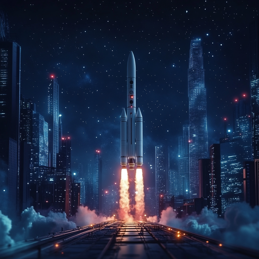 Een indrukwekkende nachtelijke lancering van een Chinese raket vanaf een commerciële ruimtelocatie. De raket stijgt op in een heldere sterrenhemel, met vurige uitlaatgassen die de donkere lucht verlichten. Op de achtergrond is een modern controlecentrum zichtbaar, vol spanning en activiteit. De scène straalt technologische vooruitgang en ambitie uit, met een vleugje mysterie. Geen tekst of woorden in de afbeelding.