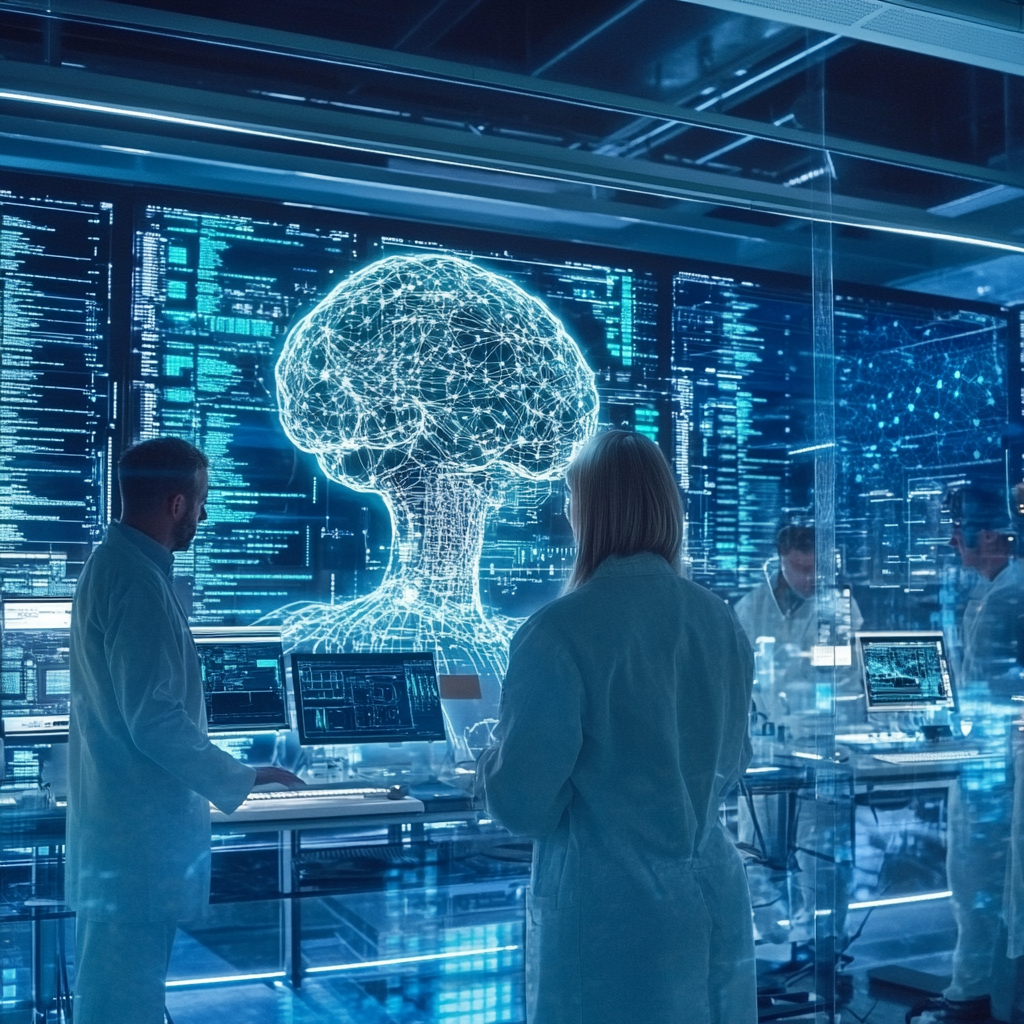 Een futuristisch lab waarin een team van wetenschappers werkt aan een geavanceerd AI-model. Het model is weergegeven als een dynamische, lichtgevende bol die complexe patronen uitstraalt. Op de achtergrond zijn computerschermen te zien met geanimeerde data en grafieken. De atmosfeer is innovatief en futuristisch, met een hoogtechnologische uitstraling in blauwtinten en zilveraccenten. Geen tekst of woorden in de afbeelding.