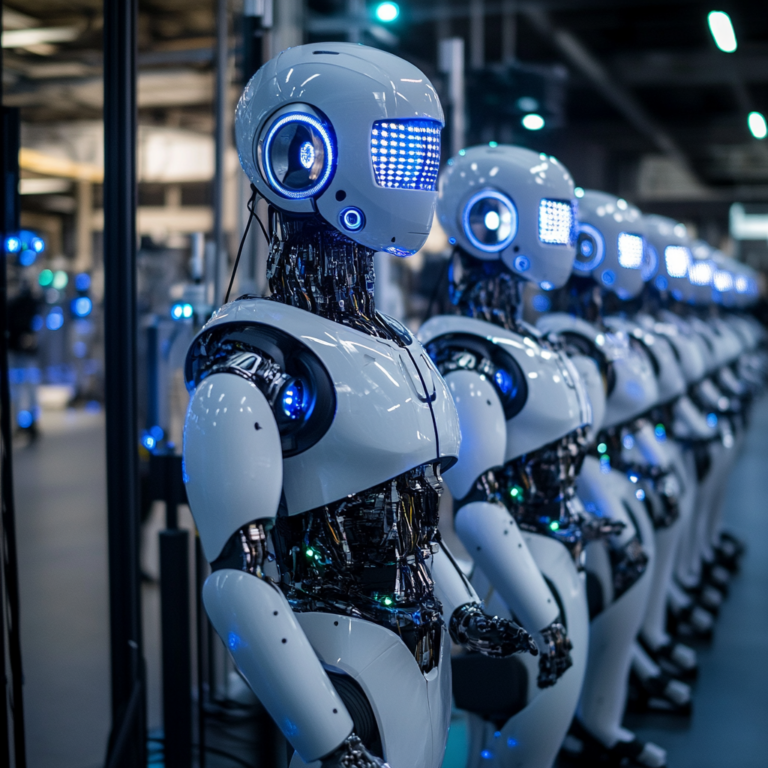Een futuristische fabriekshal vol humanoïde robots die actief zijn, aangedreven door Nvidia's Jetson Thor-compactcomputers. De setting is high-tech met glimmende metalen oppervlakken, blauwe en witte LED-verlichting en schermen die gegevens tonen. De robots zijn mensachtig met geavanceerde bewegingscapaciteiten, omringd door een sfeer van innovatie en vooruitgang zonder tekst of woorden in de afbeelding.