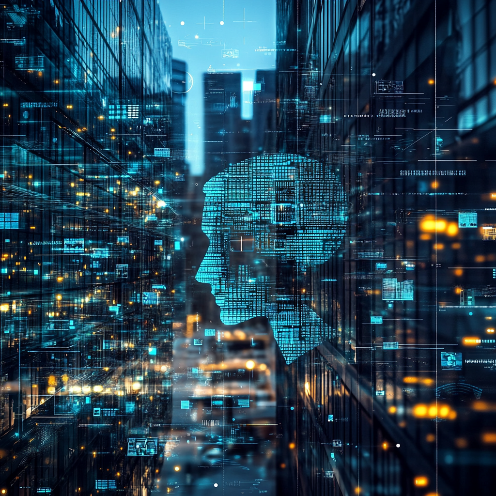 Een futuristisch en dramatisch landschap met de Ford Electric Explorer in de schijnwerpers. De auto staat op een podium omringd door technologie en elektrische symbolen. De achtergrond toont een combinatie van stadslichten en natuur, met een geladen sfeer die zowel innovatie als uitdagingen weerspiegelt. De kleuren zijn levendig met contrasterende blauwe en oranje tinten, die de spanning en opwinding van de lancering weergeven. Geen tekst of woorden in de afbeelding.