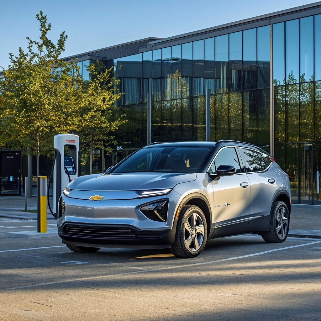 Een levendige scène van een Hertz verhuurlocatie met parkeerplaats vol elektrische voertuigen. De focus ligt op een glimmende 2023 Chevy EV, met op de achtergrond een enthousiaste klant die een koopovereenkomst ondertekent. De lucht is helderblauw en de atmosfeer is optimistisch, met een gevoel van duurzame innovatie en klanttevredenheid. Geen tekst of woorden in de afbeelding.
