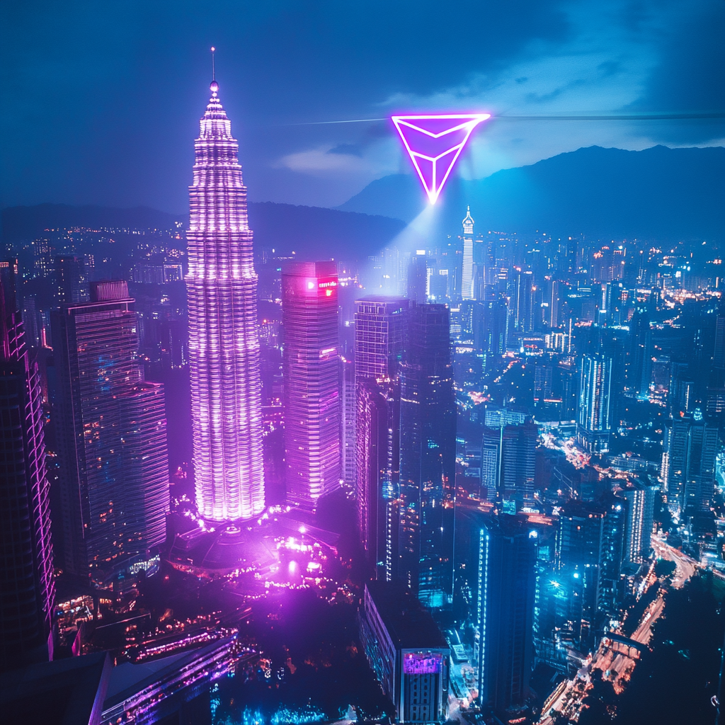 Een dramatische en futuristische scène waarin de iconische logo's van Telegram en Tencent in neonlichten worden weergegeven boven een skyline van Kuala Lumpur bij nacht. De stad is levendig verlicht met torenhoge wolkenkrabbers, en er is een gevoel van spanning en anticipatie in de lucht. Geen tekst of woorden in de afbeelding.