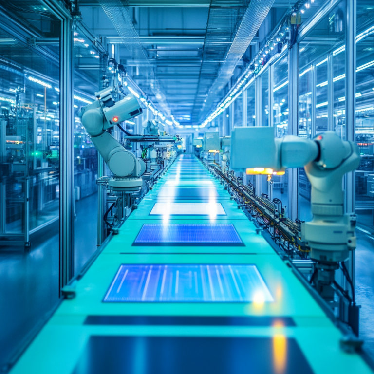 Een futuristische chipfabriek in volle gang, met machines die op hoogste capaciteit draaien. De scène is gevuld met levendige blauwe en groene tinten die de technologische vooruitgang en AI-sfeer uitstralen. Werknemers in beschermende pakken bedienen de geavanceerde apparatuur, terwijl robots synchroon werken aan de productie. Er heerst een gevoel van urgentie en innovatie in deze high-tech omgeving. Geen tekst of woorden in de afbeelding.