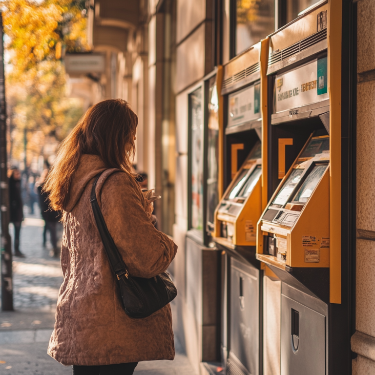 Een drukke Italiaanse stad met mensen die hun dagelijkse boodschappen doen. De achtergrond toont een reeks bankautomaten en winkels die weer operationeel zijn na een netwerkstoring. De sfeer is opgelucht en levendig met mensen die terugkeren naar hun normale routines. De zon schijnt helder en weerspiegelt een gevoel van herstel en hoop. Geen tekst of woorden in de afbeelding.