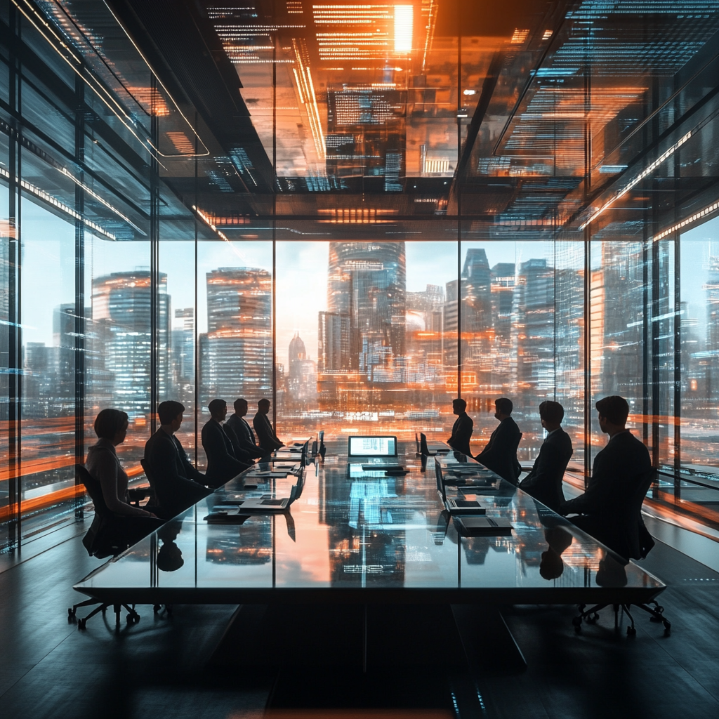 Een nachtelijke scène boven New Jersey met grote, mysterieuze drones zwevend in de lucht. De donkere hemel wordt doorkruist door rode lichten van de drones. Onder de drones is een stedelijk landschap te zien, met bewoners die naar boven kijken, verbaasd en nieuwsgierig. De sfeer is zowel mysterieus als fascinerend, met een vleugje spanning in de lucht. Geen tekst of woorden in de afbeelding.