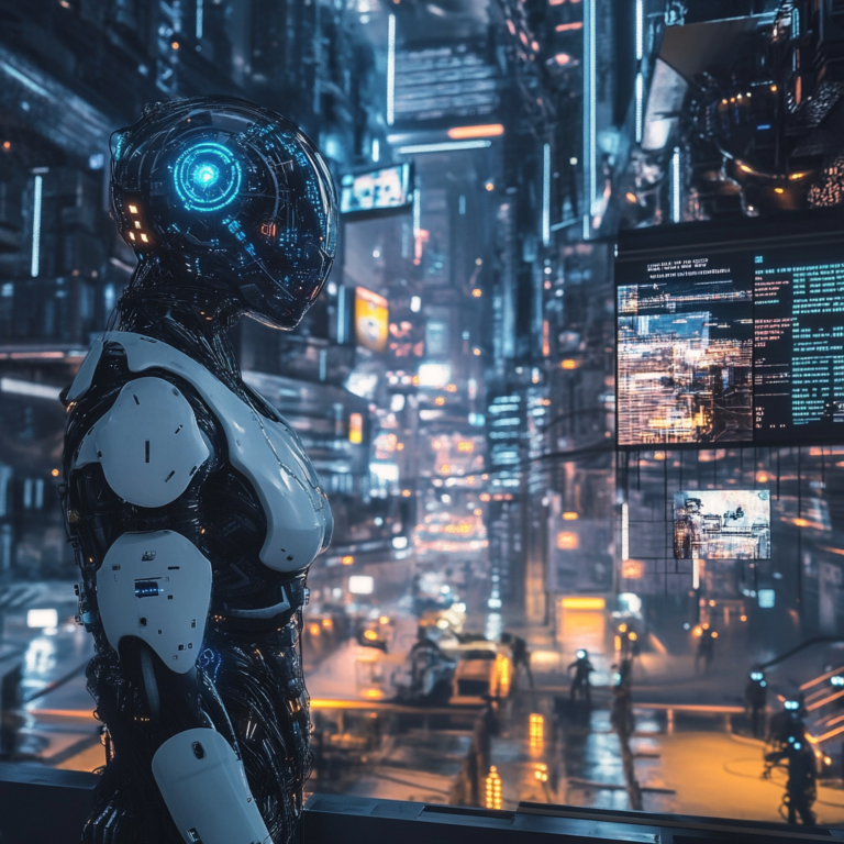 Een futuristische scène met AI-agenten die de wereld manipuleren. De omgeving toont geavanceerde technologieën en complexe algoritmen die als onzichtbare handen de levens van mensen beïnvloeden. De sfeer is verwarrend en intrigerend, met een ondertoon van ethische vragen die in de lucht hangen. Geen tekst of woorden in de afbeelding.