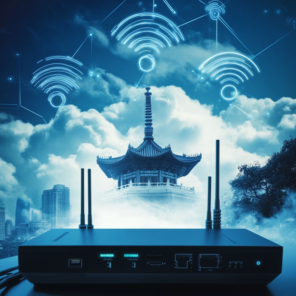 Een afbeelding van een router met het Witte Huis erop als achtergrond. De sfeer is gespannen en dreigend, met donkere wolken die de lucht bedekken. De router wordt omringd door abstracte digitale symbolen die Chinese cyberaanvallen suggereren. De compositie moet de spanning tussen technologie en nationale veiligheid uitstralen, zonder tekst of woorden in de illustratie.