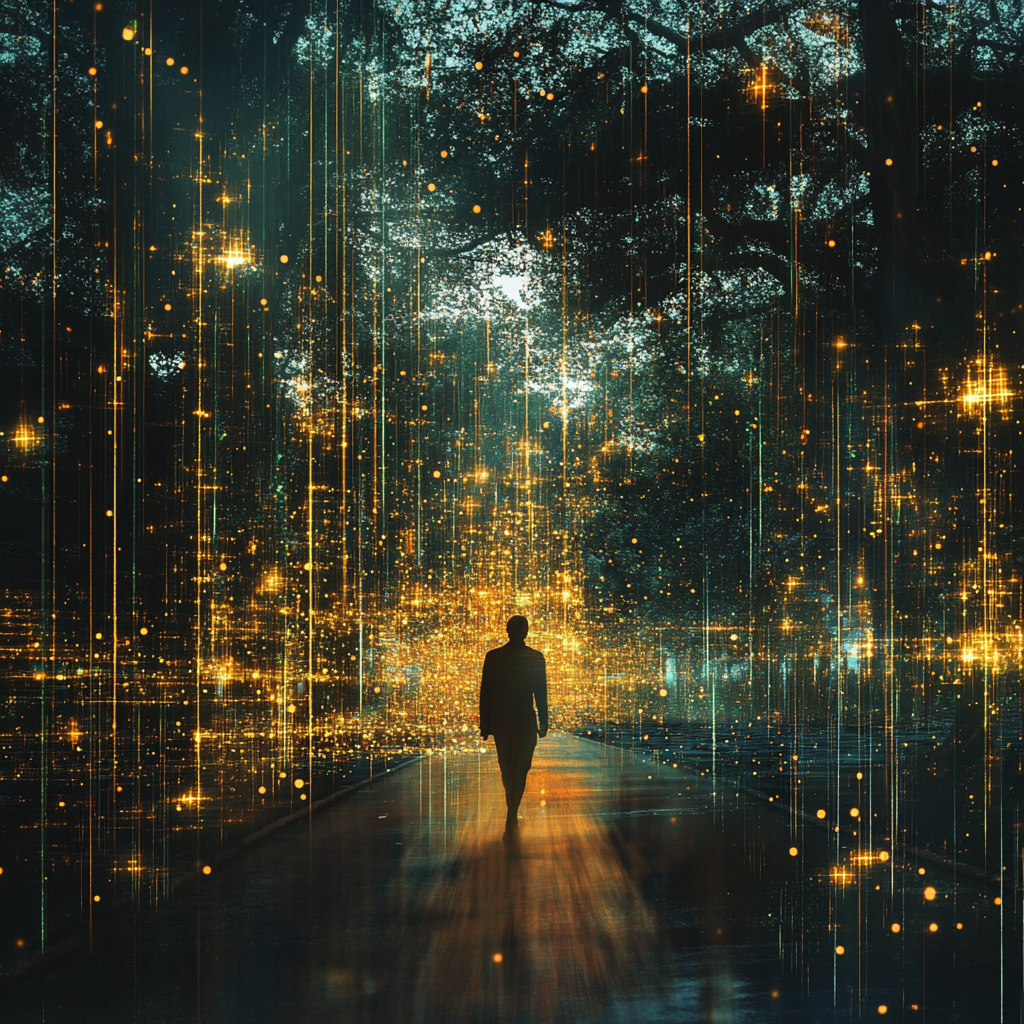 Een levendig en dynamisch beeld van een menselijke stem die doorbreekt als een krachtige straal van licht in een digitaal landschap dat wordt overheerst door schaduwrijke AI-algoritmen. De scène moet de strijd symboliseren tussen authentieke menselijkheid en zoekspam. Gebruik heldere, levendige kleuren voor de menselijke stemmen en donkere, wazige tinten voor de AI-elementen. De sfeer moet hoopvol en transformerend zijn, zonder tekst of woorden in de afbeelding.