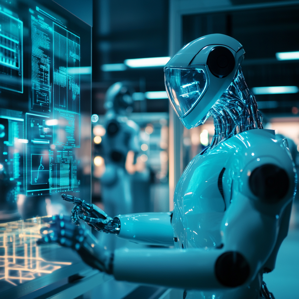 Een futuristisch scenario waar technologie en innovatie samenkomen. De afbeelding toont een geavanceerd AI-laboratorium met robots die samenwerken met mensen, omgeven door holografische schermen en complexe computersystemen. De sfeer is dynamisch en inspirerend, met een kleurenpalet van neon blauw en groen. Geen tekst of woorden in de afbeelding.