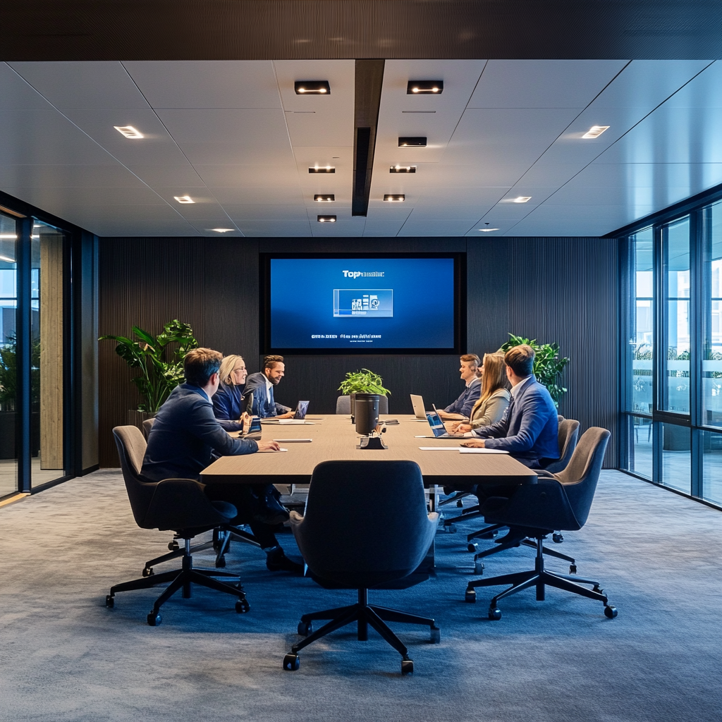 Een dramatische scène van een moderne kantooromgeving waarin twee groepen zakelijke professionals elkaar ontmoeten voor een high-stakes overnamebespreking. Een groot scherm toont de logo's van Topcon, KKR en EQT. De sfeer is intens en competitief, met een focus op de dynamiek van de Japanse M&A-markt. De kleuren zijn gedurfd en zakelijk, zonder aanwezigheid van tekst.