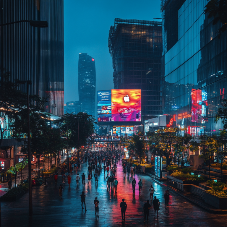 Een levendige en bruisende stad in Indonesië, waarin de moderne skyline wordt verlicht door neonlichten en digitale billboards die Apple's invloed symboliseren. Er zijn mensen van alle leeftijden op straat, in een sfeer van vooruitgang en technologische innovatie. De lucht is helder, met een futuristische uitstraling die de impact van buitenlandse investeringen benadrukt. Geen tekst of woorden in de afbeelding.