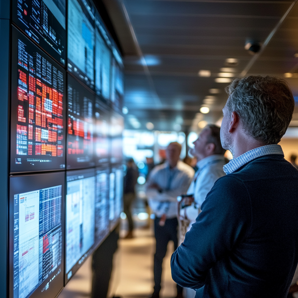 Een dramatische scène van een beursvloer met een focus op een groot scherm dat een drastische daling van de aandelen van Micron Technology Inc. toont. Mensen kijken geschokt en verbaasd naar de schermen, met een sfeer van urgentie en spanning in de lucht. De kleuren zijn scherp en levendig, met een mix van koele blauwtinten en warme oranjeroodtinten. Geen tekst of woorden in de afbeelding.