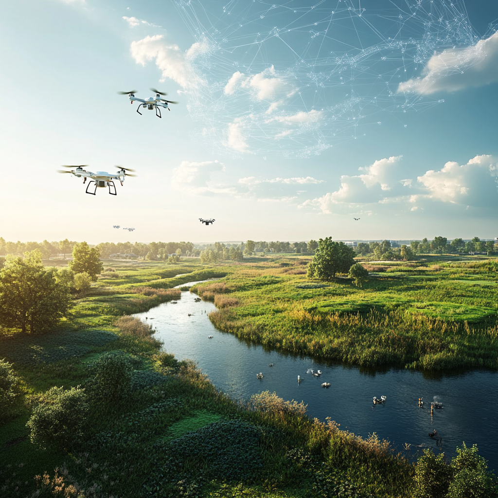 Een dynamisch en futuristisch landschap waarin technologie en natuur samenkomen. De lucht is gevuld met holografische weerkaarten en data-analyses, terwijl AI-gestuurde drones door de lucht vliegen. Op de voorgrond een tech-savvy meteoroloog die op een interactieve interface werkt, omringd door groene landschappen en rustige wateren. De kleuren zijn levendig en modern, met een mix van natuurlijke en technologische elementen die de toekomst van weersvoorspellingen visualiseren. Geen tekst of cijfers aanwezig in de afbeelding.