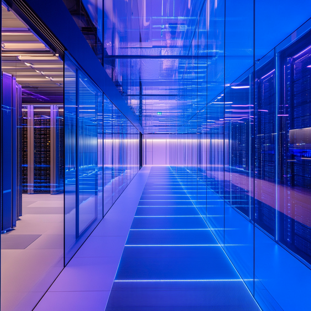 Een futuristisch datacenter, met een Aziatische sfeer, vol met honderden glanzende servers, koele blauwe en witte tinten, een high-tech uitstraling die de innovatieve kracht van Yovole symboliseert. De sfeer is zowel spannend als hoopvol, zonder enige tekst of woorden in beeld.