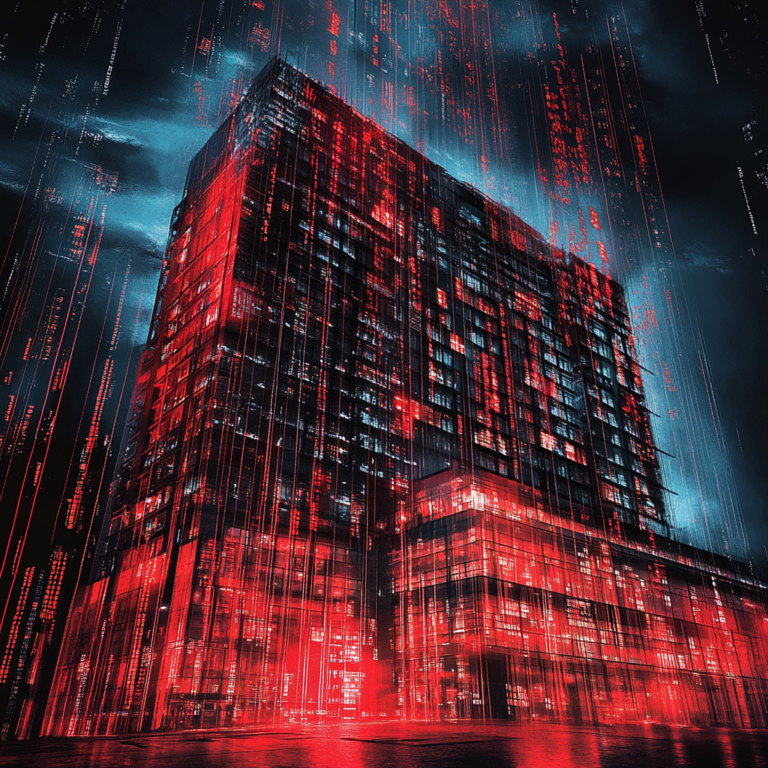 Een dramatische en verontrustende illustratie van een Marriott Hotel, gehuld in digitale datastromen, symboliserend een cyberaanval. De achtergrond is donker en dreigend, met flikkerend licht dat de digitale chaos suggereert. Geen tekst of woorden in de afbeelding.