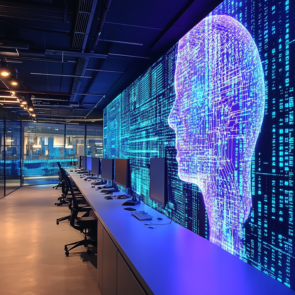 Een futuristisch kantoor van Marvell Technology Inc., met enorme computerchips en schermen die AI-technologie en data visualiseren. De ruimte is gevuld met technologische innovatie, met een levendige sfeer van vooruitgang en groei. Geen tekst of woorden in de afbeelding.