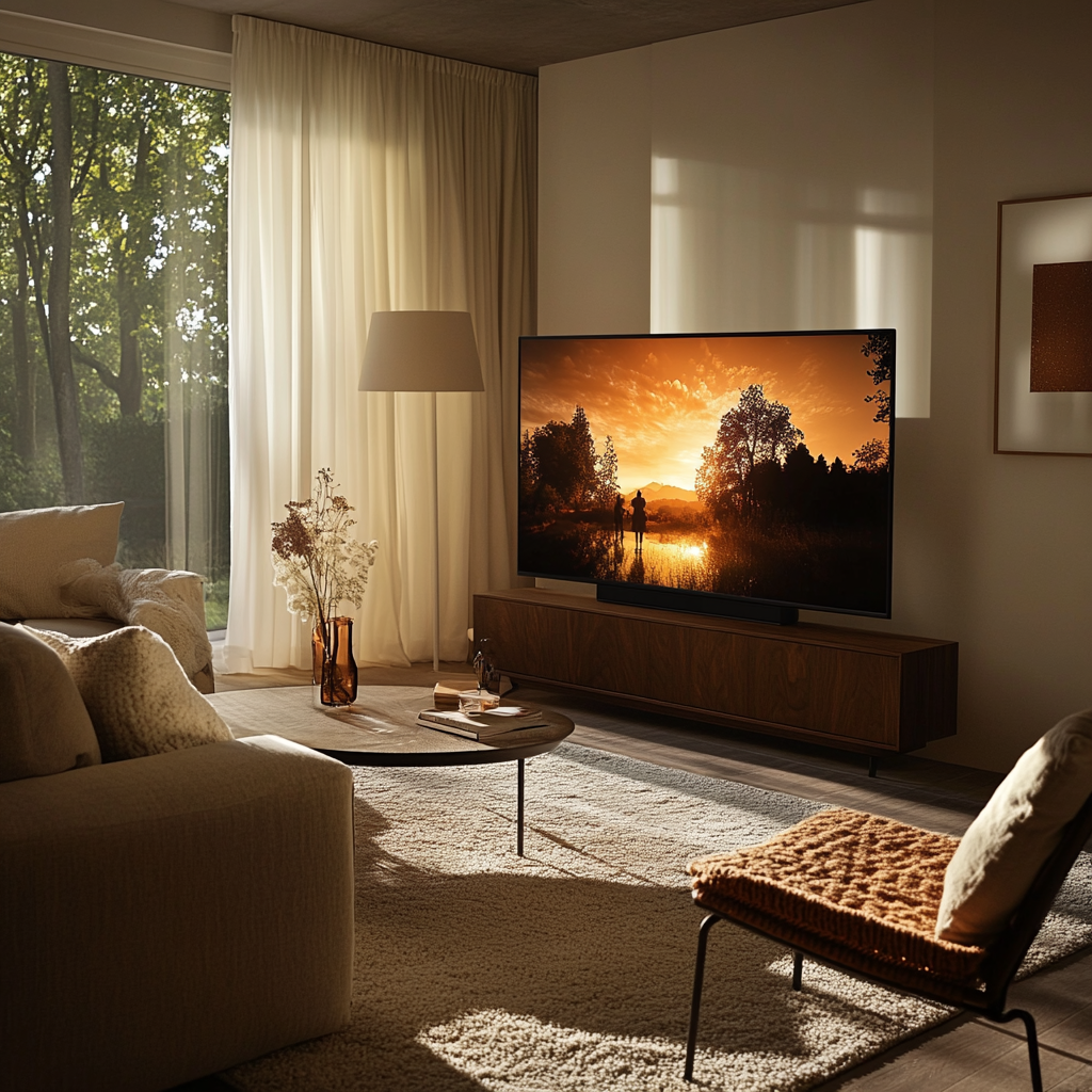 Een gezellige woonkamer setting met een grote televisie die Apple TV+ toont. Op het scherm zijn populaire shows zoals 'Severance', 'Slow Horses' en 'Shrinking' zichtbaar. De sfeer is uitnodigend en modern, met zachte verlichting en comfortabele meubels die een perfecte avond van gratis streaming symboliseren. Geen tekst of woorden in de afbeelding.