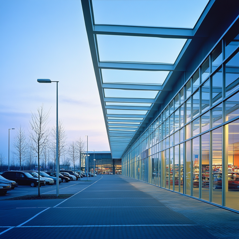 Een levendig en dynamisch beeld van Walmart's hoofdkwartier, met moderne architectuur en een drukke, vooruitstrevende sfeer. Winkelaars vullen de parkeerplaats, terwijl felle lichten en kleurrijke borden de aandacht trekken. De lucht is helder en blauw, en de energie van groei en succes is overal voelbaar. Geen tekst of woorden in de afbeelding.