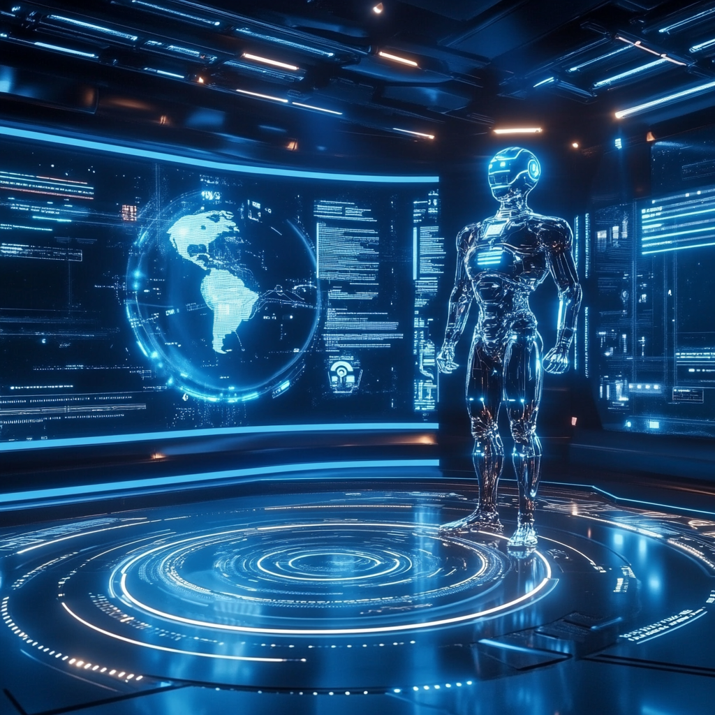 Een futuristische scène met een geavanceerde AI-chatbot genaamd Grok 2, met een interface die licht geeft in een donkere kamer. De sfeer is innovatief en geavanceerd, met holografische displays die verschillende AI-algoritmen tonen. De kleuren zijn blauw en zilver, wat een high-tech uitstraling benadrukt. Geen tekst of woorden in de afbeelding.