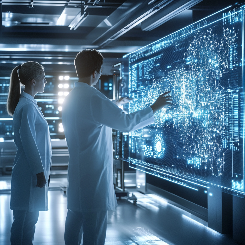 Een futuristisch laboratorium waar ingenieurs en wetenschappers samenwerken aan een geavanceerd AI-model. Helder verlichte schermen tonen complexe algoritmen en datastromen. De sfeer is een combinatie van technologische vooruitgang en creatieve energie. Geen tekst in de afbeelding, enkel visuele elementen die de innovatie en samenwerking benadrukken.