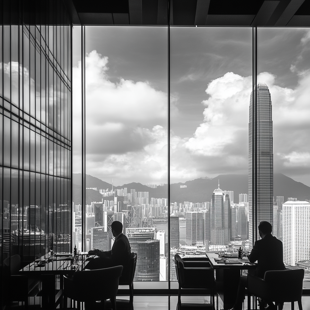 Een levendige en dynamische scène die de intensiteit en spanning van een biedingsoorlog uitbeeldt, gefocust op een moderne kantoortoren in een drukke stad als Hong Kong. De sfeer moet competitief en energiek zijn, met een skyline vol wolkenkrabbers en een unieke mix van traditionele en futuristische elementen. Geen tekst of woorden in de afbeelding.