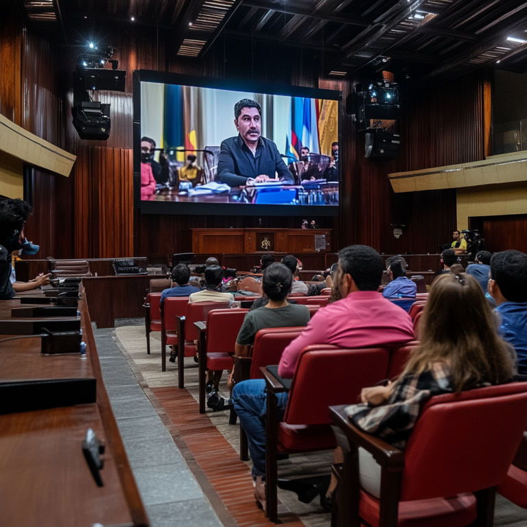 Een rechtbank met een dramatische sfeer waar een rechtszaak gaande is tussen Elon Musk en OpenAI. In het midden van de zaal staat een grote marmeren tafel met Musk aan de ene kant, duidelijk in discussie met zijn advocaten. Aan de andere kant, vertegenwoordigers van OpenAI, geconcentreerd en met stapels documenten. De zaal is groots en klassiek ingericht, met hoge plafonds en zware houten panelen. De spanning is voelbaar, met pers en publiek op de achtergrond, klaar om dit historische moment vast te leggen. Geen tekst of woorden in de afbeelding.