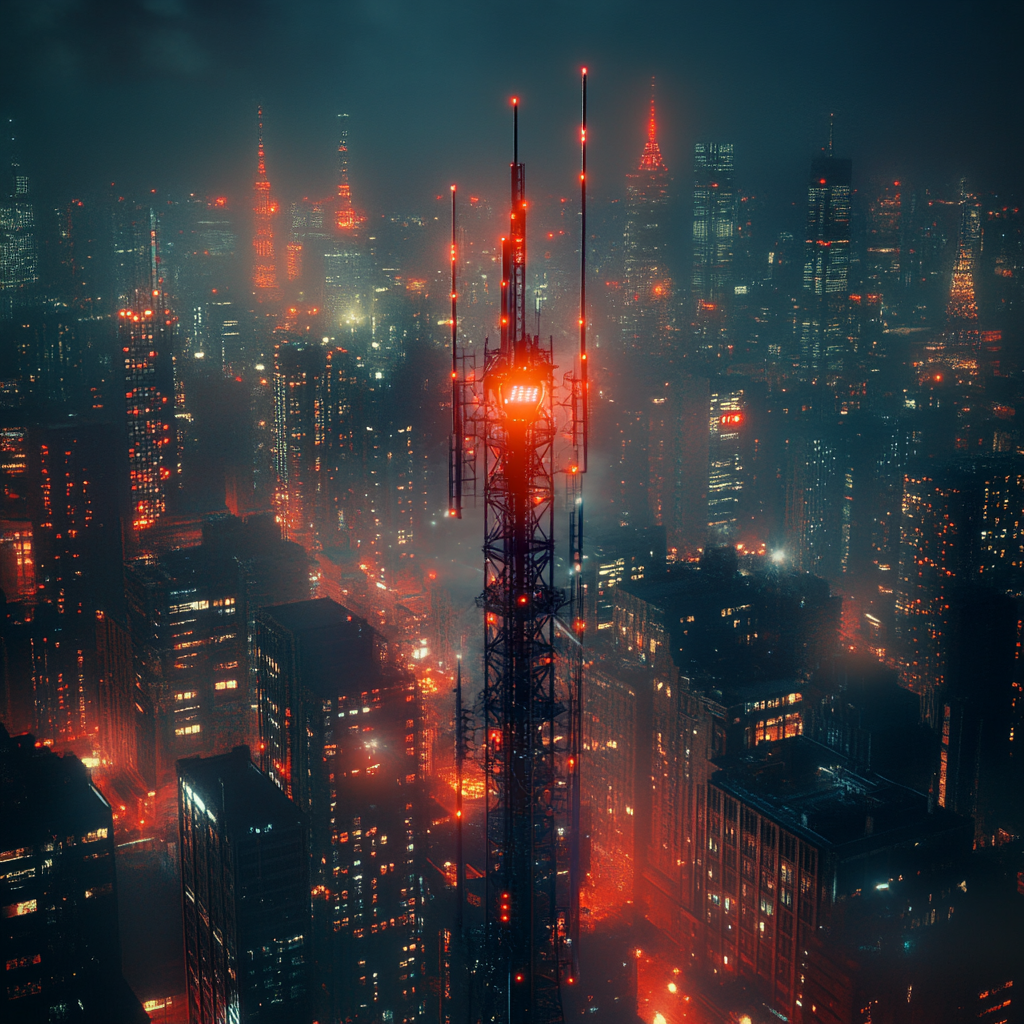 Een dramatisch tafereel dat de triomf van AT&T en Verizon visualiseert na het neutraliseren van de Salt Typhoon hack. Beeld een netwerk in dat weer oplicht met levendige kleuren, symboliserend veiligheid en herstel. De achtergrond toont een moderne steden skyline met communicatietorens. Geen teksten of woorden in de afbeelding.