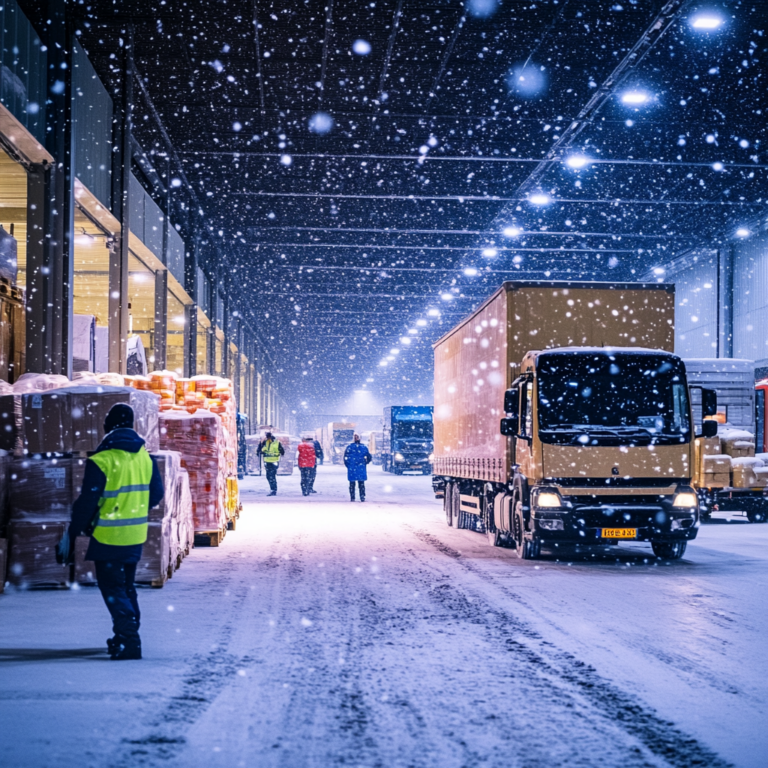 Een dynamisch beeld van een drukke logistieke hub tijdens de kerstperiode. Vrachtwagens en pakketbezorgers in actie, vrolijke sfeer met kerstversieringen. Heldere verlichting, sneeuw op de achtergrond, en mensen die efficiënt samenwerken om cadeaus op tijd te bezorgen. Geen tekst in de afbeelding.