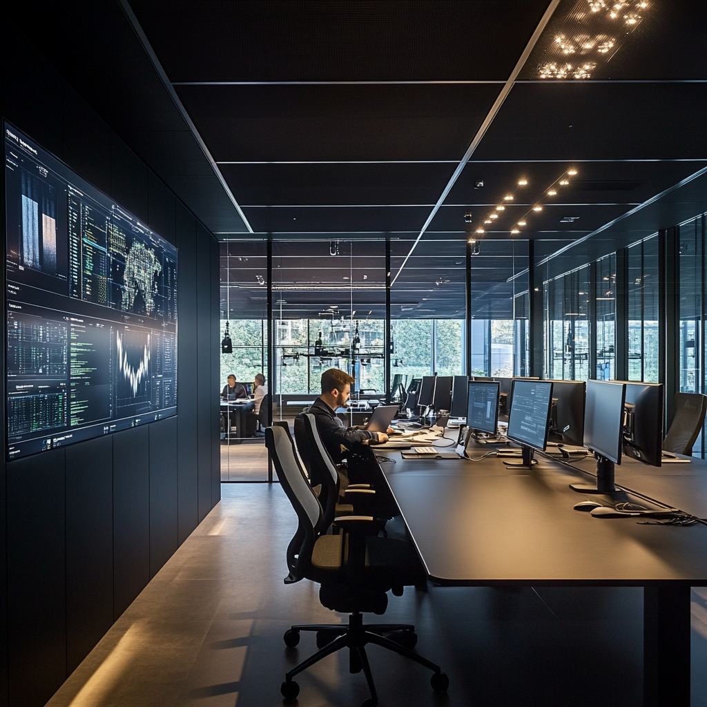Een moderne high-tech werkplek waar data wordt behandeld als een product. De ruimte is gevuld met schermen die data-analyse en grafieken tonen, terwijl een team van professionals samenwerkt aan een project. De sfeer is futuristisch en innovatief, met heldere kleuren en een gevoel van efficiënt datamanagement. Geen tekst of woorden in de afbeelding.