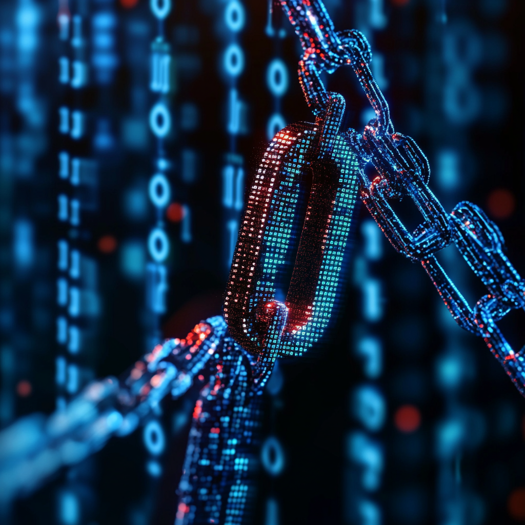 Een dramatische illustratie van een digitale wereld waarin een pixelated sleutel naast een hangslot en ketting hangt, symboliserend online gegevensbeveiliging. De achtergrond toont een abstracte weergave van een netwerk van gegevensstromen die de complexiteit en de kwetsbaarheid van persoonlijke informatie in de hedendaagse digitale wereld benadrukken. Geen tekst of woorden in de afbeelding.