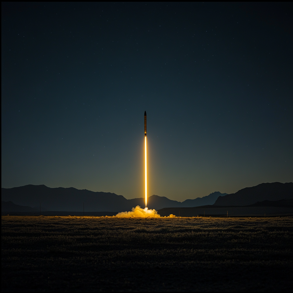 Een indrukwekkend beeld van een Iraanse raket die net de aarde verlaat, omgeven door een heldere, avondhemel vol sterren. De vurige uitlaat van de raket verlicht het landschap onderaan, met een silhouet van bergen en de Iraanse vlag zachtjes waaiend in de voorgrond. De sfeer is dramatisch en opwindend, met een gevoel van vooruitgang en ambitie. Geen tekst of woorden in de afbeelding.