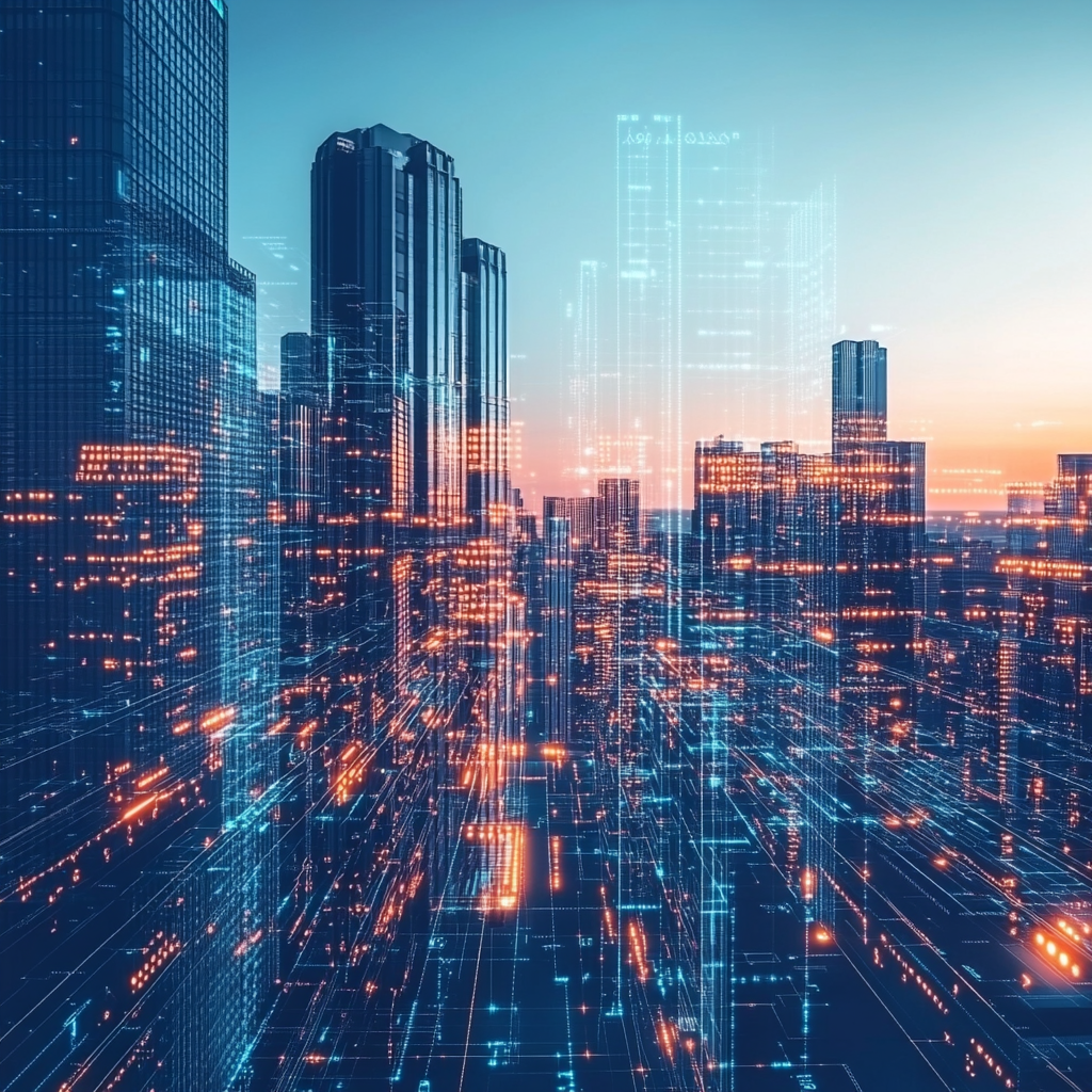 Een futuristische stad waar technologie en veiligheid samenkomen. High-tech beveiligingssystemen beschermen bedrijven tegen onzichtbare AI-dreigingen. De skyline wordt gedomineerd door moderne gebouwen met geavanceerde beveiligingstechnologieën. Er is een sfeer van innovatie en bescherming, met een focus op technologie startups die voorop lopen in AI-beveiliging. Deze visuele weergave moet kracht uitstralen zonder enige tekst of woorden.