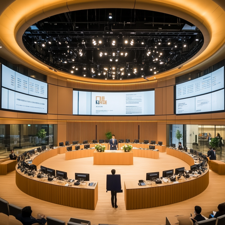 Een dynamische en drukke beursvloer in Tokio, waar Kioxia zijn IPO-debuut maakt. De scène toont investeerders in discussie, grote schermen met beurscijfers, en een centraal podium met het Kioxia-logo. De sfeer is hectisch maar vol verwachting, met felle lichten en een moderne uitstraling. Geen tekst of woorden in de afbeelding.