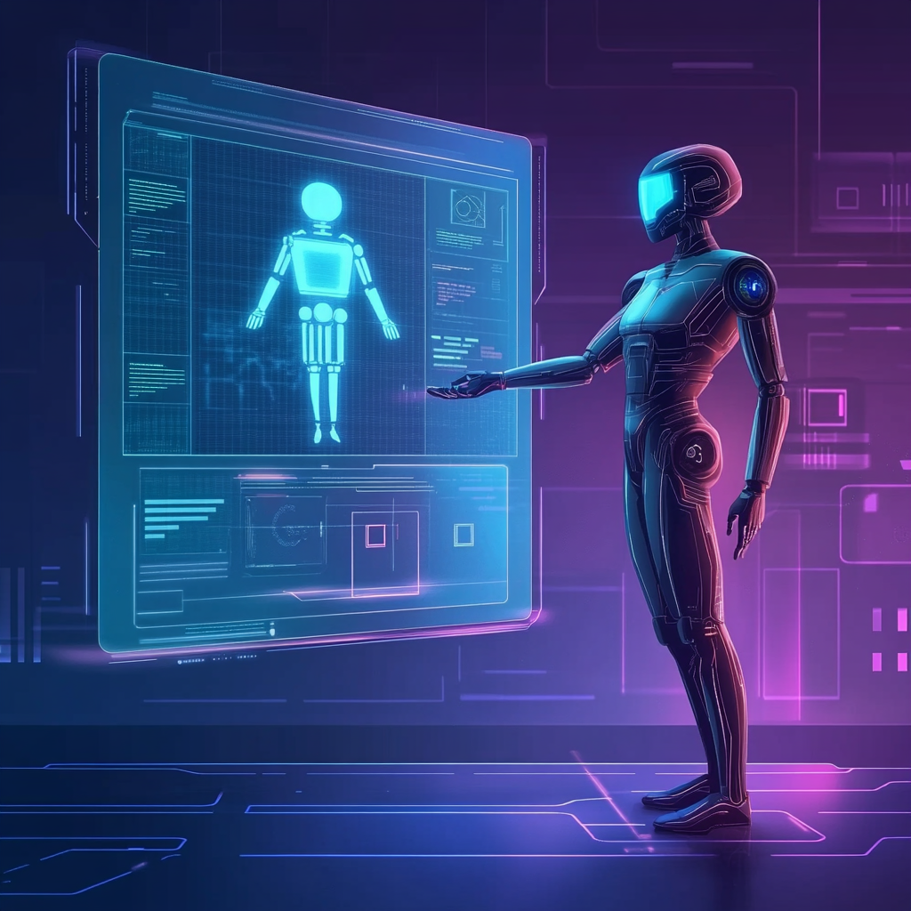 Een futuristische scène met een gebruiker die interactie heeft met een geavanceerde AI-gestuurde chatbot op een holografisch scherm. De achtergrond is een moderne, minimalistische ruimte met subtiele high-tech elementen. De kleuren zijn koel en futuristisch, met blauw- en groentinten. De sfeer is innovatief en inspirerend, zonder teksten of woorden in de afbeelding.