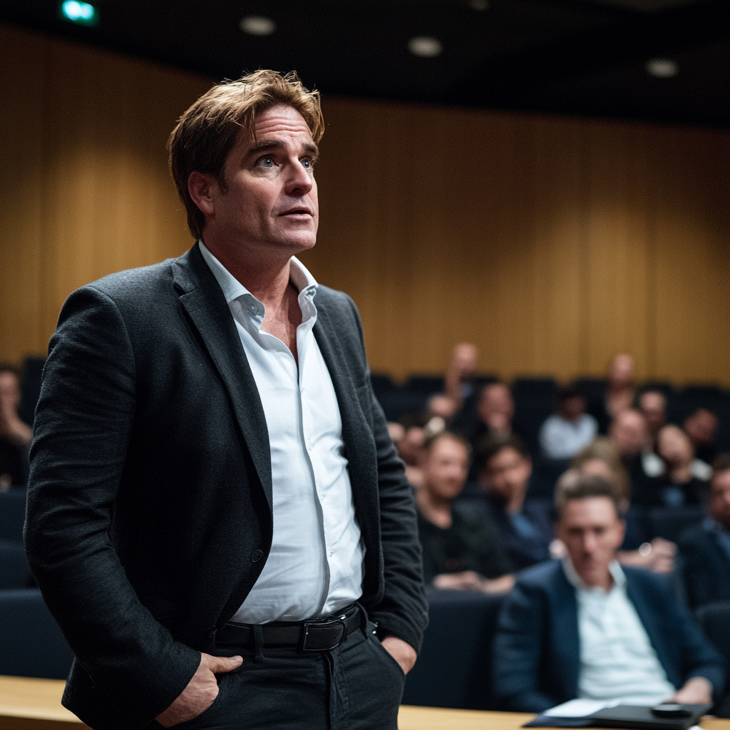 Een dramatische rechtszaalscène waarin een rechter een uitspraak doet over Craig Wright, met een gespannen publiek en media die de gebeurtenissen vastleggen. De sfeer is geladen en serieus, met een mix van moderne technologie en ouderwetse gerechtelijke elementen in de achtergrond. Geen tekst of woorden in de afbeelding.