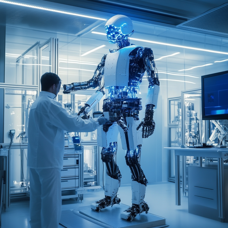 Een futuristisch laboratorium waar ingenieurs een geavanceerde humanoïde robot bouwen. De robot is half afgebouwd en toont een mix van metalen en draadachtige componenten. De omgeving is high-tech met schermen die blauw licht uitstralen. Ingenieurs in witte jassen observeren en fine-tunen de robot. De sfeer is innovatief en vol verwachting, zonder tekst of woorden in het beeld.