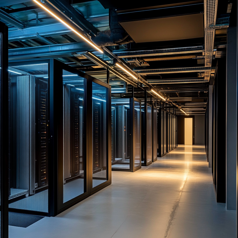 Een futuristisch datacenter vol met glinsterende servers die zijn uitgerust met de nieuwste technologie van Eight to Seven | Naveol. De sfeer is high-tech en innovatief, met datastromen die visueel de efficiëntie en snelheid van de nieuwe encryptie- en compressietechnologie aangeven. Het beeld toont een perfect georganiseerde en strak vormgegeven ruimte, waar de kracht en vooruitgang van moderne technologie centraal staan. Geen tekst of woorden in de afbeelding.