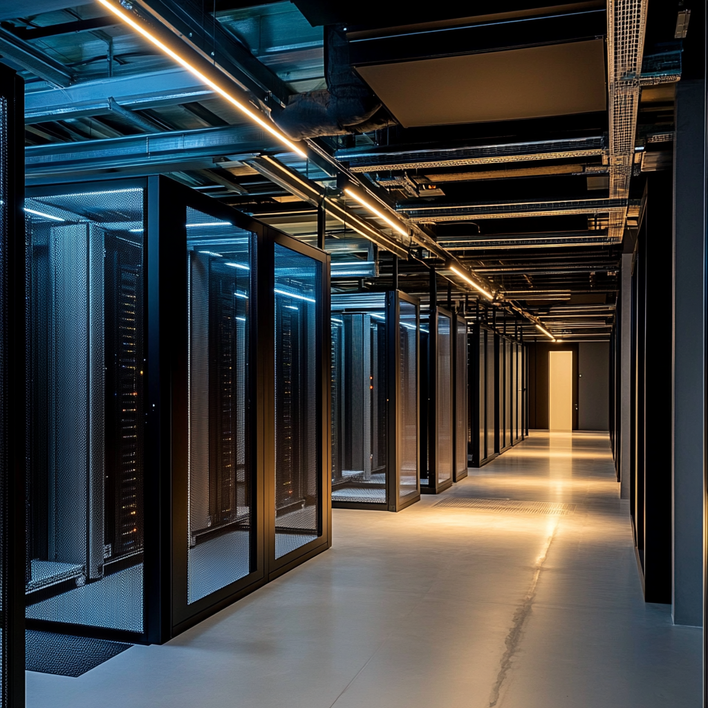 Een futuristisch datacenter vol met glinsterende servers die zijn uitgerust met de nieuwste technologie van Eight to Seven | Naveol. De sfeer is high-tech en innovatief, met datastromen die visueel de efficiëntie en snelheid van de nieuwe encryptie- en compressietechnologie aangeven. Het beeld toont een perfect georganiseerde en strak vormgegeven ruimte, waar de kracht en vooruitgang van moderne technologie centraal staan. Geen tekst of woorden in de afbeelding.
