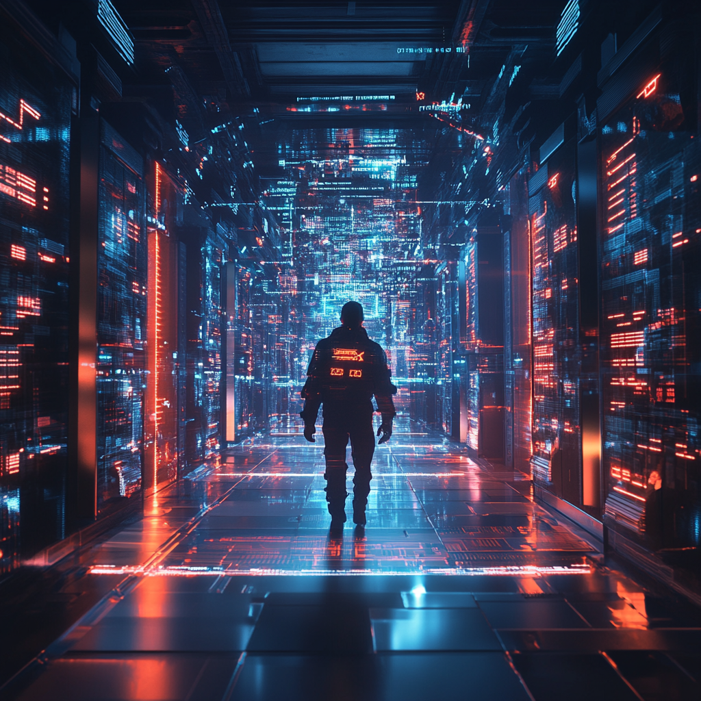 Een dramatische en dreigende digitale scène waarin een fictieve ransomware-groep genaamd Space Bears beweert een database van Atos te hebben gehackt. De afbeelding toont een donkere, futuristische kamer vol knipperende computerschermen met complexe code en grafische elementen die cyberbeveiliging en hacking symboliseren. De sfeer is gespannen en geheimzinnig, met schaduwen en een licht dat op de naam 'Space Bears' schijnt, maar zonder tekst of woorden in het beeld.