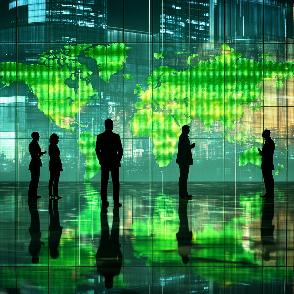 Een drukke distributiehub vol activiteit, met vrachtwagens die vertrekken, in het midden van de kerstperiode. De sfeer is hectisch maar georganiseerd. Vrachtwagens zijn versierd met kerstverlichting, en sneeuw ligt op de grond. Er zijn glimlachende bezorgers in winterjassen en kerstmutsen, klaar om pakketten op tijd af te leveren. Geen tekst of woorden aanwezig in het beeld.