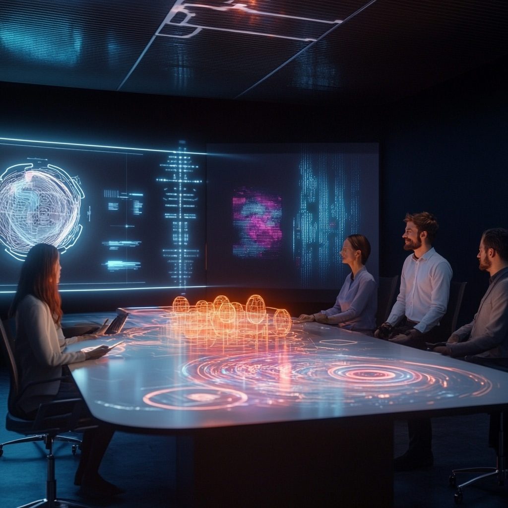 Een futuristische scène waarin technologie en menselijke samenwerking samenkomen, met Google Gemini als centraal element. De afbeelding toont een levendig kleurenschema, met innovatieve AI-componenten en partners die samen aan een tafel zitten. De sfeer is dynamisch en vooruitstrevend, met een gevoel van harmonie en gedeelde vooruitgang. Geen tekst of woorden in de afbeelding.