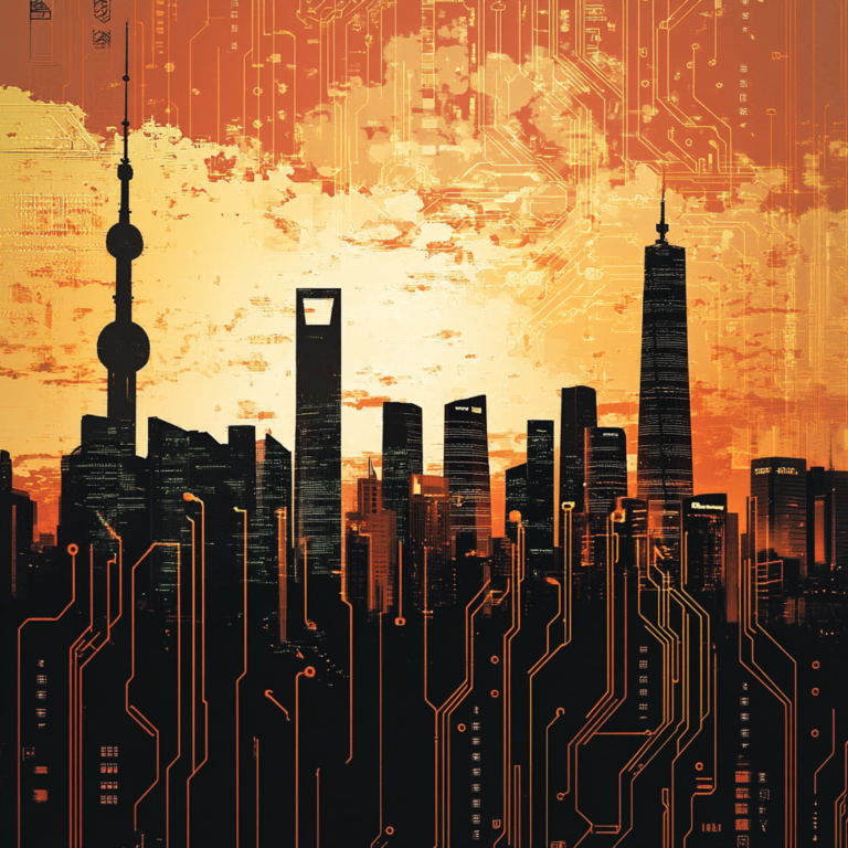 Een dramatisch en spannend tafereel waarin de silhouetten van wolkenkrabbers van zowel New York als Beijing zichtbaar zijn in de achtergrond. Op de voorgrond zijn een verzameling microchips en circuits te zien, sprankelend van technologische complexiteit terwijl ze in een delicate balans worden gehouden door een paar gigantische weegschalen. De setting wordt verlicht door een maanachtige gloed, die een gevoel van spanning en mondiale implicaties oproept. Geen tekst of woorden in de afbeelding.