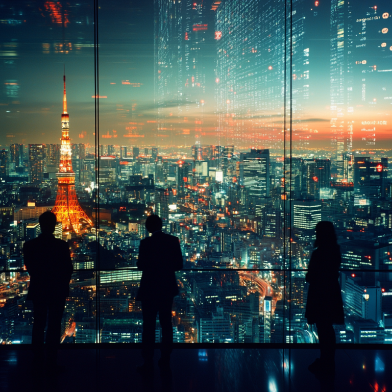Een futuristische scène waarin twee robots, één met Amerikaanse en één met Chinese kenmerken, samenwerken in een moderne technologische omgeving. De ruimte is gevuld met complexe machines en hologrammen die geavanceerde AI-research en data-analyse illustreren. De sfeer is innovatief en hoopvol, met heldere kleuren die technologische vooruitgang en samenwerking symboliseren. Geen tekst of woorden in de afbeelding.