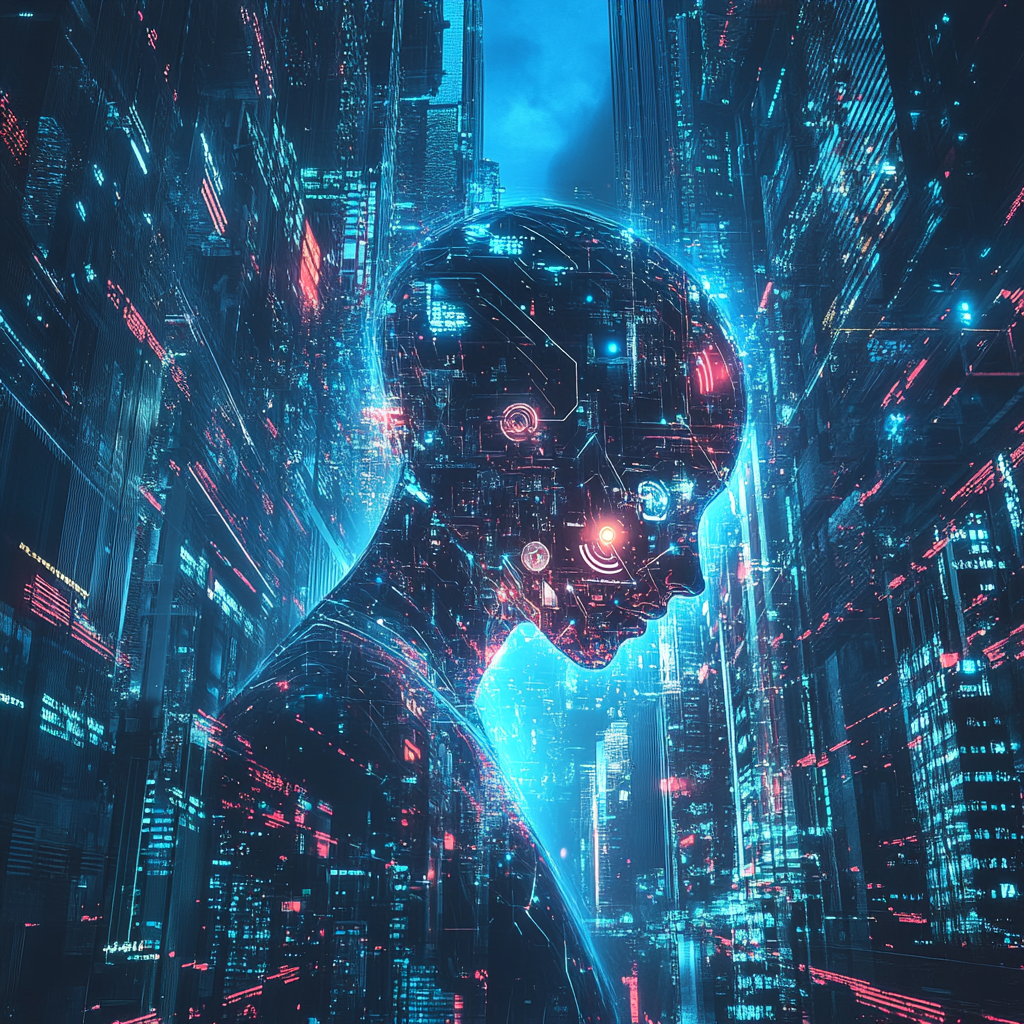 Een futuristische en dynamische afbeelding van een geanimeerde wereld waarin een AI-assistent centraal staat. Meta's iconische logo straalt in een digitale skyline vol met technologie en innovatie. Een gevoel van vooruitgang en revolutionaire veranderingen hangt in de lucht, met holografische displays en een verbonden stad. De kleuren zijn levendig en modern, met een waas van blauw en zilver dat de sfeer van technologische vooruitgang vastlegt. Geen tekst of woorden aanwezig in het beeld.