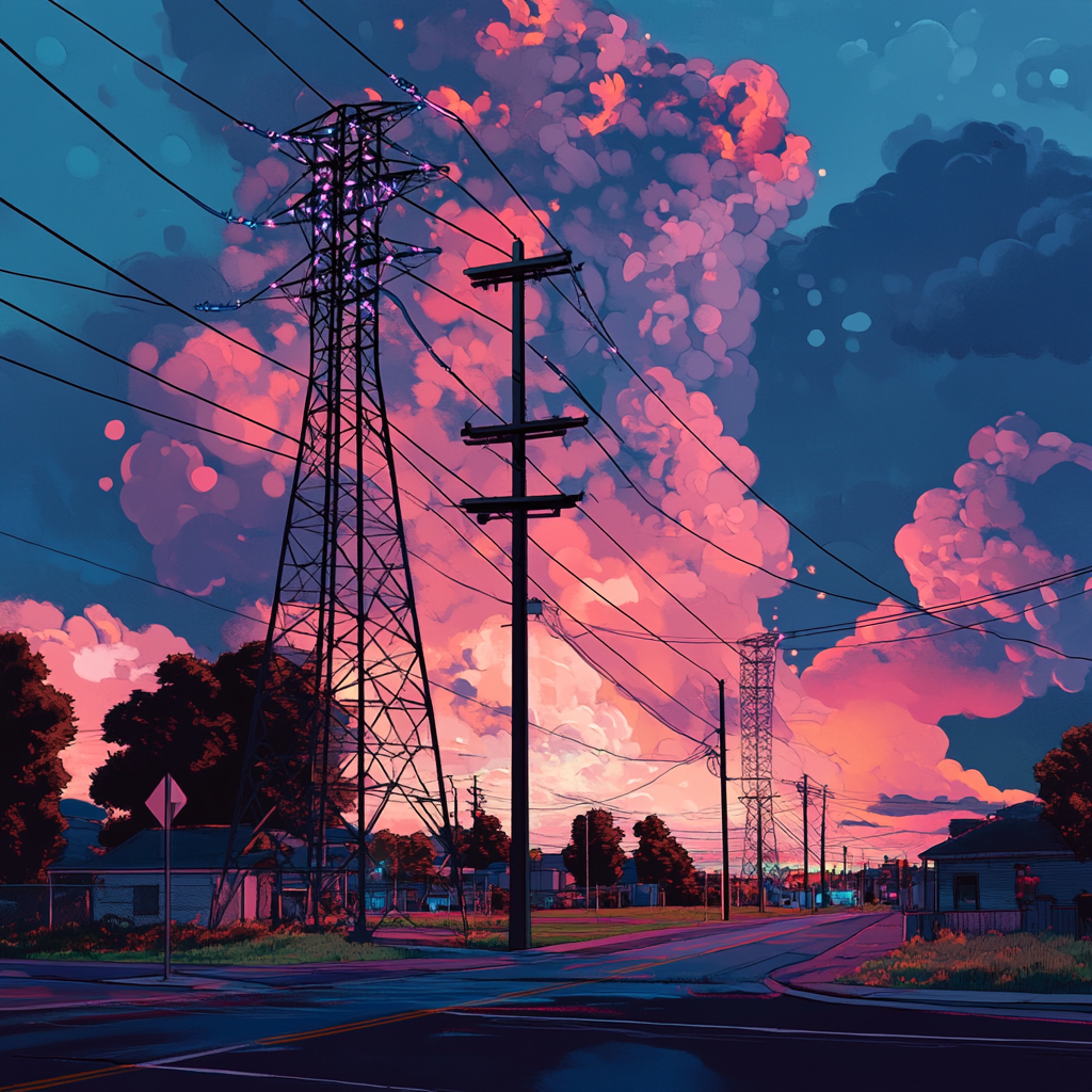 Een futuristisch beeld van een groot Amerikaans elektriciteitsnetwerk, met adembenemende elektrische infrastructuur, vol met dynamische energie-uitwisselingen. De hemel is vervuld van vurige AI-codes en datawolken die de drukte van een AI-gedreven wereld weergeven. Het landschap toont de kracht en groei die gepaard gaan met technologische vooruitgang, met een gevoel van urgentie en innovatie. Geen tekst of woorden in de afbeelding.