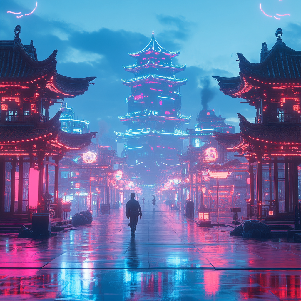 Een futuristisch datacenter in Jamnagar, India, van gigantische proporties. Het gebouw is ultramodern met glazen façades en high-tech apparatuur zichtbaar binnenin. Er zijn groene energiebronnen zoals zonnepanelen en windturbines rondom. De atmosfeer is ambitieus en vooruitziend, met een skyline van een snel ontwikkelende stad. De setting is een mix van natuur en technologie, zonder tekst of woorden.