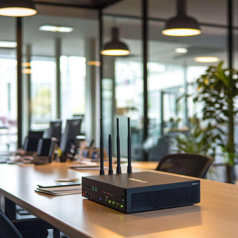 Een moderne kantooromgeving met een EnGenius ESG320 router in het midden, omgeven door high-tech apparatuur en teamleden die geconcentreerd werken. De setting toont een dynamische en innovatieve sfeer, met een focus op technologie en connectiviteit. De kleurenschema's zijn helder en futuristisch, met een gevoel van veiligheid en betrouwbaarheid zonder enige tekst of woorden in de afbeelding.