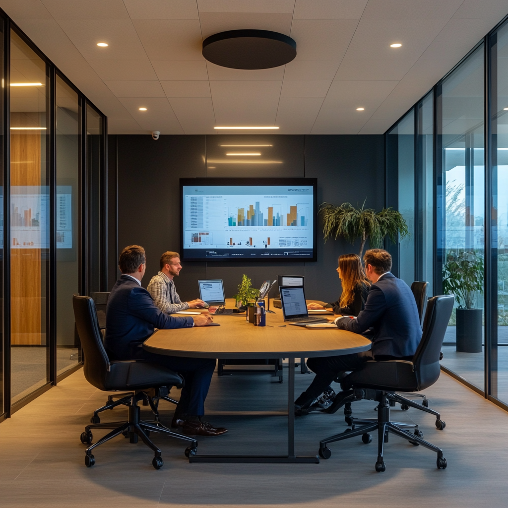 Voorstel van een zakelijke setting waarin investeerders bijeenkomen rond een tafel, met schermen die financiële gegevens en grafieken weergeven. De sfeer is serieus en professioneel, met een focus op strategie en besluitvorming. De kleuren zijn overwegend blauw en grijs, wat een formele en zakelijke uitstraling geeft, terwijl er een subtiel gevoel van spanning en verwachting heerst in de lucht. Geen tekst of woorden in de afbeelding.