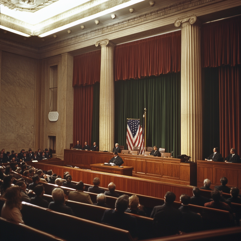 Een dramatische scène in een federale rechtszaal, met een gespannen sfeer. Een rechter in een zwarte toga leest een uitspraak voor. Het publiek is verdeeld in verbazing en opluchting. De Amerikaanse vlag hangt trots in de achtergrond, met zonlicht dat door grote ramen straalt, wat een gevoel van gerechtigheid en hoop geeft. Geen tekst of woorden in de afbeelding.